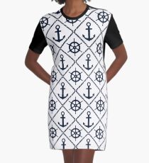 Anchor and Wheel Nautical - Navy and White Graphic T-Shirt Dress