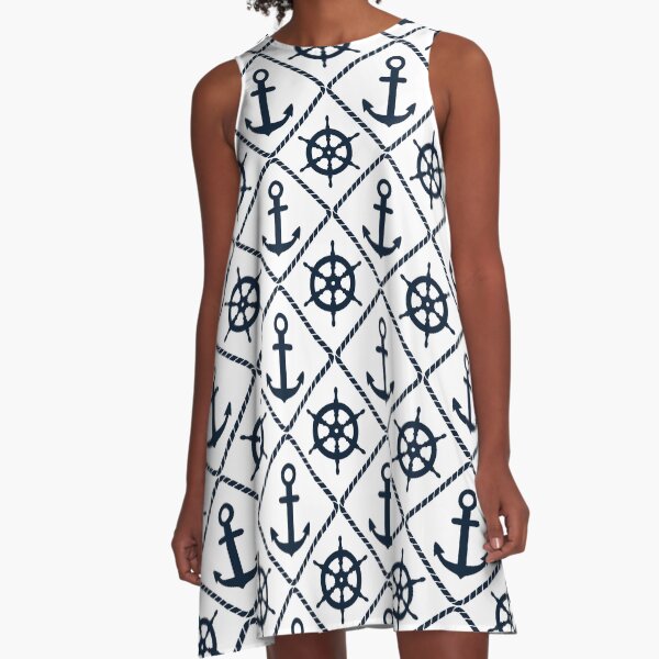 Anchor and Wheel Nautical - Navy and White A-Line Dress