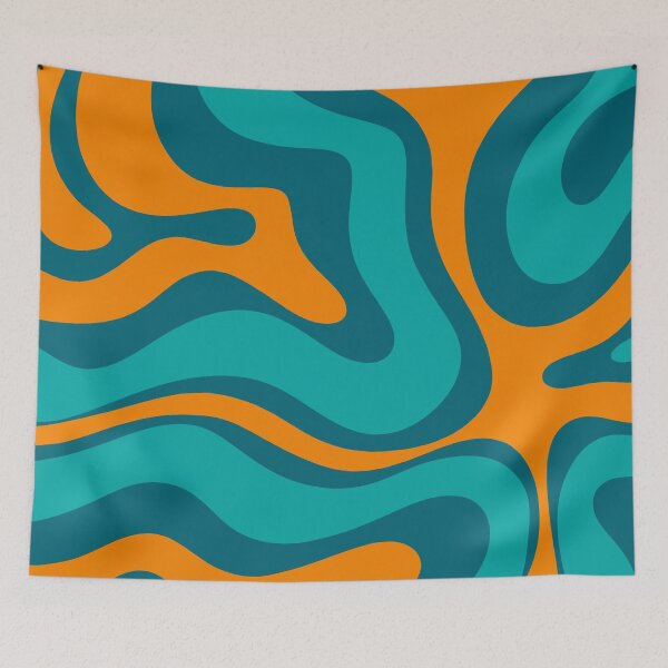 Artikelvorschau, Retro Modern Liquid Swirl Abstract Pattern Square in Türkisblaugrün und Orange entworfen und verkauft von kierkegaard.