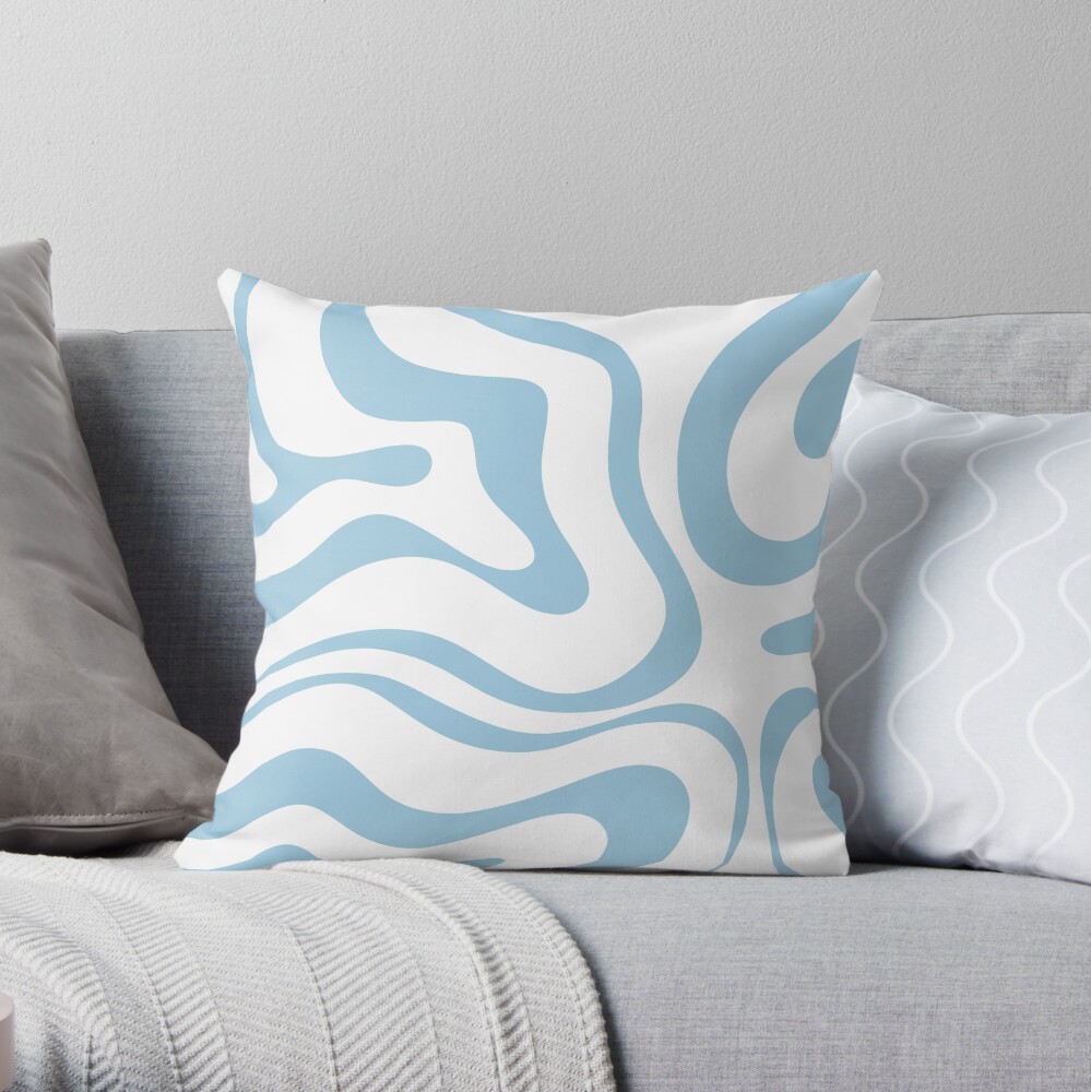 Retro Modern Liquid Swirl Abstract Pattern Square in White and Baby Blue Throw Pillow