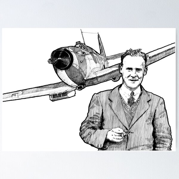Vista previa del artículo con la obra «R.J. Mitchell y el Supermarine Spitfire», diseñado y vendido por HushKit.