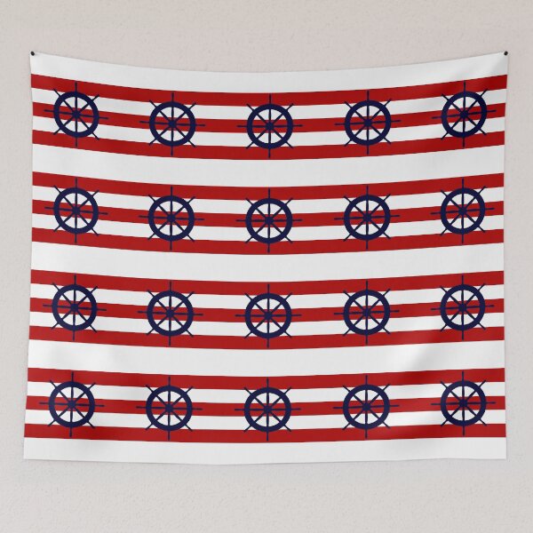 Item preview, Nautical Navy Blue Ship's Steering Wheel On Red Stripes designed and sold by rewstudio.