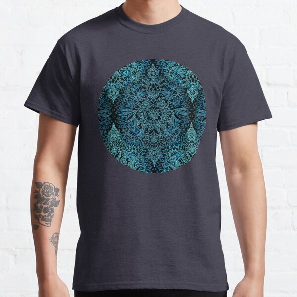 Black, Teal & Aqua Protea Doodle Pattern Classic T-Shirt