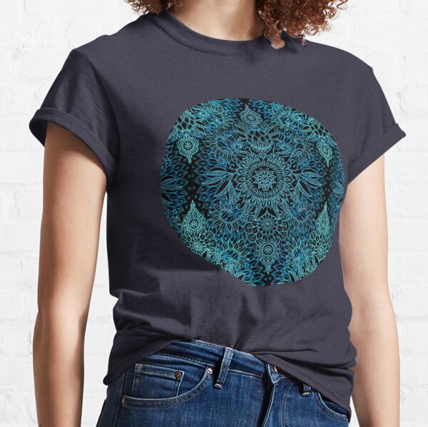 Black, Teal & Aqua Protea Doodle Pattern Classic T-Shirt
