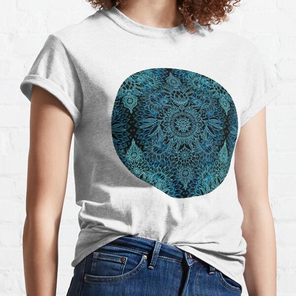 Black, Teal & Aqua Protea Doodle Pattern Classic T-Shirt