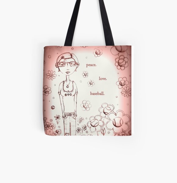 Pale Pink Peace Love and Baseball - Whimsical Folk Art Girl All Over Print Tote Bag