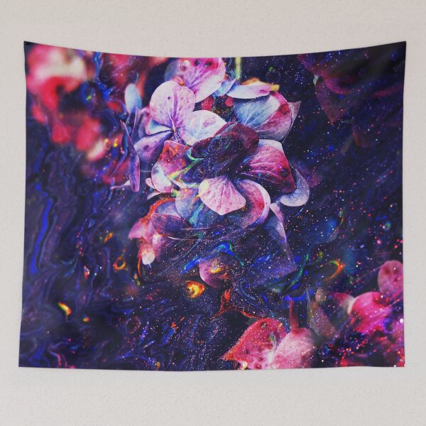 Item preview, “La vie en rose” Floral plant collage of a hydrangea wrapped in blue and pink particles with wavy spectral colors designed and sold by N-o-r-d-l-y-s.
