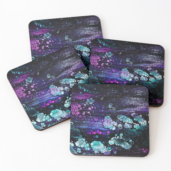 Item preview, “Iparraldeko Argiaki” abstract, colored collage of waves, drops and water elements in violet, cyan, turquoise and pink designed and sold by N-o-r-d-l-y-s.