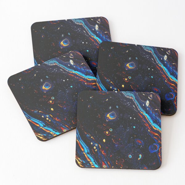 Item preview, “Jiro Avaratra” abstract, colored collage of iridescent waves, drops and water elements in cyan, blue and oranges on black designed and sold by N-o-r-d-l-y-s.