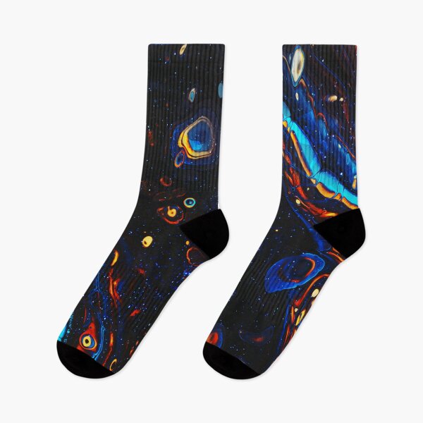 Item preview, “Jiro Avaratra” abstract, colored collage of iridescent waves, drops and water elements in cyan, blue and oranges on black designed and sold by N-o-r-d-l-y-s.