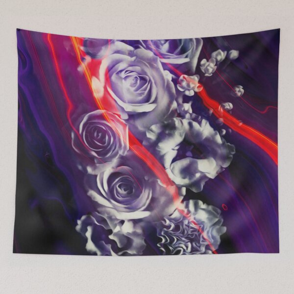 Item preview, "Thunder and Roses" Floral Plants Collage of blooming roses wrapped in a mist of violet and neon orange designed and sold by N-o-r-d-l-y-s.