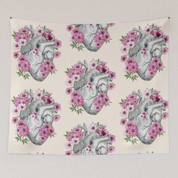 Item preview, Human heart and anemones, anatomy illustration art, lightpink anemones and green leaves designed and sold by Collagedream.