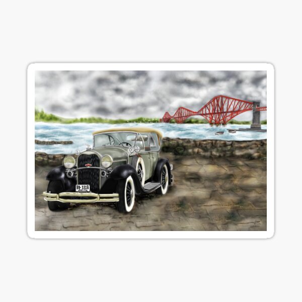 "Model A" 1931 Ford Phaeton, [Classic Car] and Forth Rail Bridge [Edinburgh, Scotland] : Version 1 Sticker