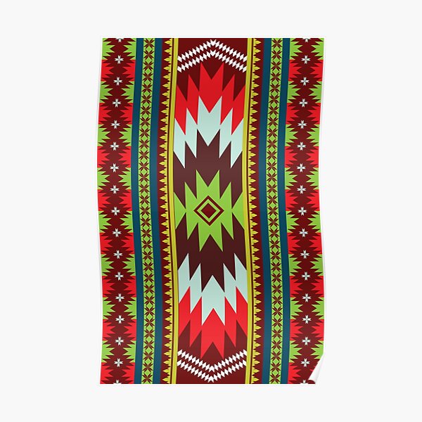 Ethnic Maxican Aztec pattern with Green Red Celebrating Christmas and New Years Poster