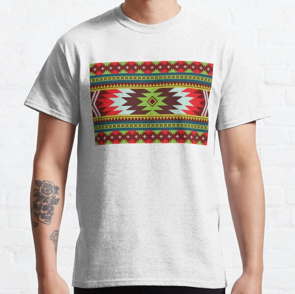 Horizontal Ethnic Maxican Aztec pattern with Green & Red Classic T-Shirt