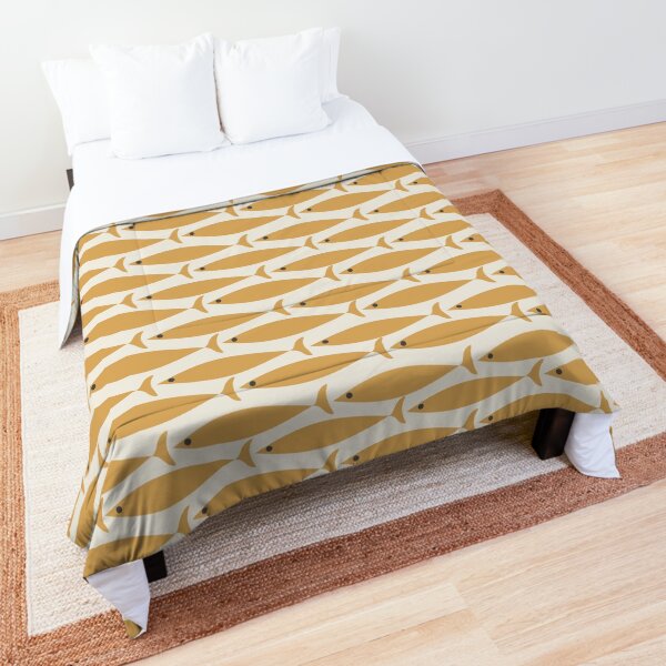 Mid Century Modern Fish Stripe Pattern in Muted Mustard Gold and Cream Beige Comforter