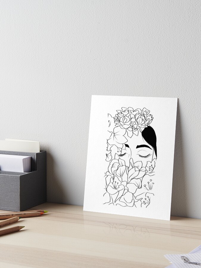 Download Woman Face With Flowers Line Art Art Board Print By Metisartdesign Redbubble