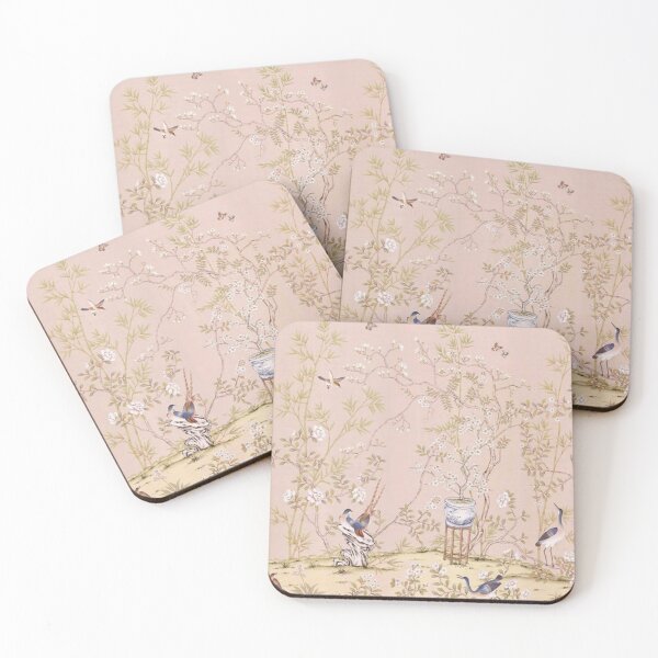 Antique Chinoiserie Pastel Rose Botanical Wallpaper Mural Coasters (Set of 4)