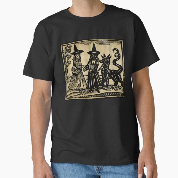 Item preview, A white-faced witch meeting a black-faced witch with her familiar(1720) woodcut print designed and sold by monsterplanet.