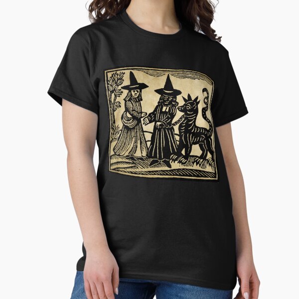 Item preview, A white-faced witch meeting a black-faced witch with her familiar(1720) woodcut print designed and sold by monsterplanet.