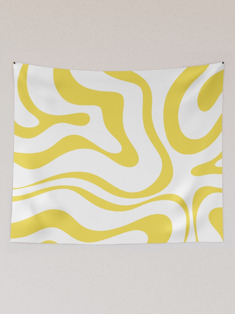 Retro Modern Liquid Swirl Abstract Pattern Square Lemon Yellow and White Tapestry