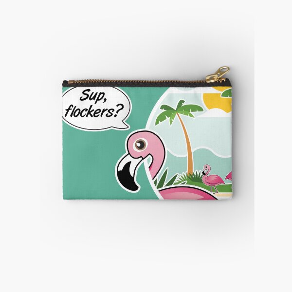 Item preview, Sup, flockers? funny pink flamingo tropical scene designed and sold by Happy Puppy Print On Demand.
