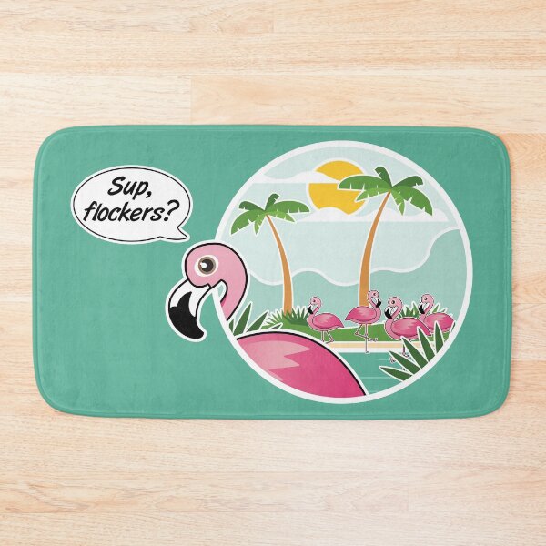 Item preview, Sup, flockers? funny pink flamingo tropical scene designed and sold by Happy Puppy Print On Demand.