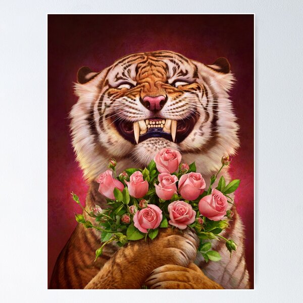 Aperçu de l'œuvre Tigre souriant (timide) - tenant un bouquet (rose) créée et vendue par tutuart.