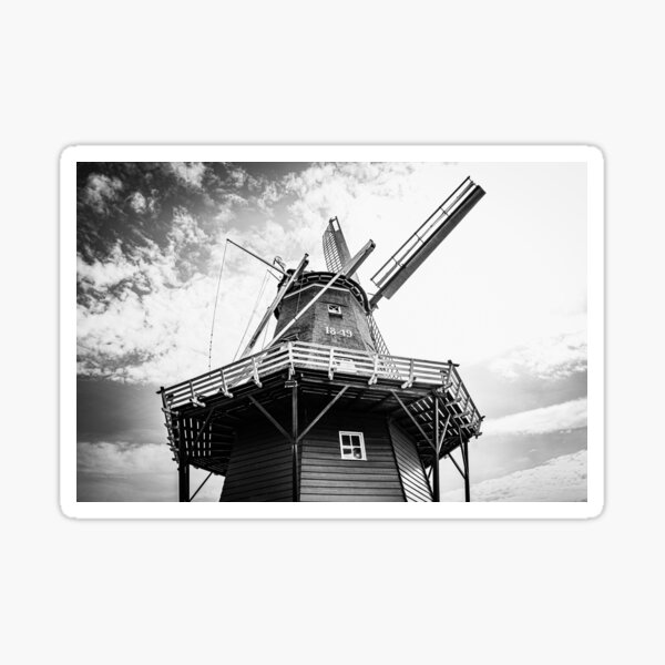 Original authentic Dutch windmill in The Netherlands, black and white fine art photo Sticker