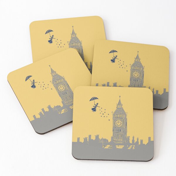 Item preview, Mary Poppins and Big Ben Lino Print in Mustard and Grey designed and sold by Maddy Bennett.