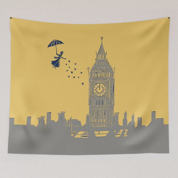 Item preview, Mary Poppins and Big Ben Lino Print in Mustard and Grey designed and sold by Maddy Bennett.