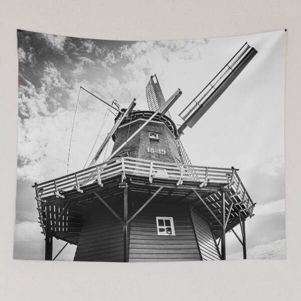 Item preview, Original authentic Dutch windmill in The Netherlands, black and white fine art photo designed and sold by Diana van Neck.