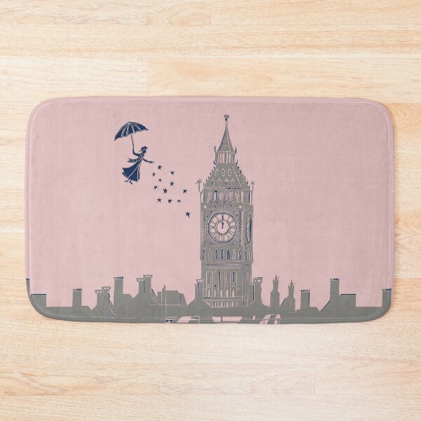 Item preview, Mary Poppins Flying over Big Ben Linocut in Pink and Grey designed and sold by Maddy Bennett.