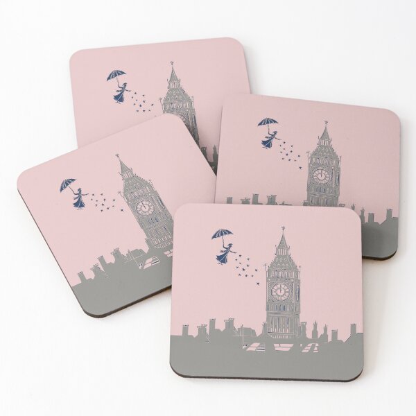 Item preview, Mary Poppins Flying over Big Ben Linocut in Pink and Grey designed and sold by Maddy Bennett.