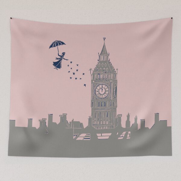 Item preview, Mary Poppins Flying over Big Ben Linocut in Pink and Grey designed and sold by Maddy Bennett.