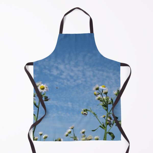 Item preview, Cirrocumulus clouds in blue sky; sunny peaceful spring day. Bee is coming to white and yellow flowers to pollinate. Water in a gaseous state in nature. The atmosphere of the earth. Symbol of freedom designed and sold by Maurizio Fabbroni.