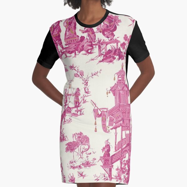 Toile de Jouy Pink Chinoiserie Tea House Pagoda Graphic T-Shirt Dress