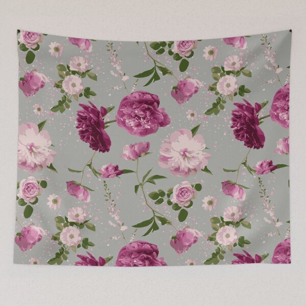 Item preview, Pink Peony and Rose Botanical Floral Motif on Soft Grey Background  designed and sold by cozycaroline.