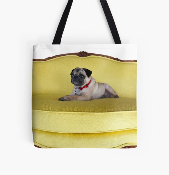Daisy Pug: Puppy Dog Sitting On Yellow Sofa –  All Over Print Tote Bag
