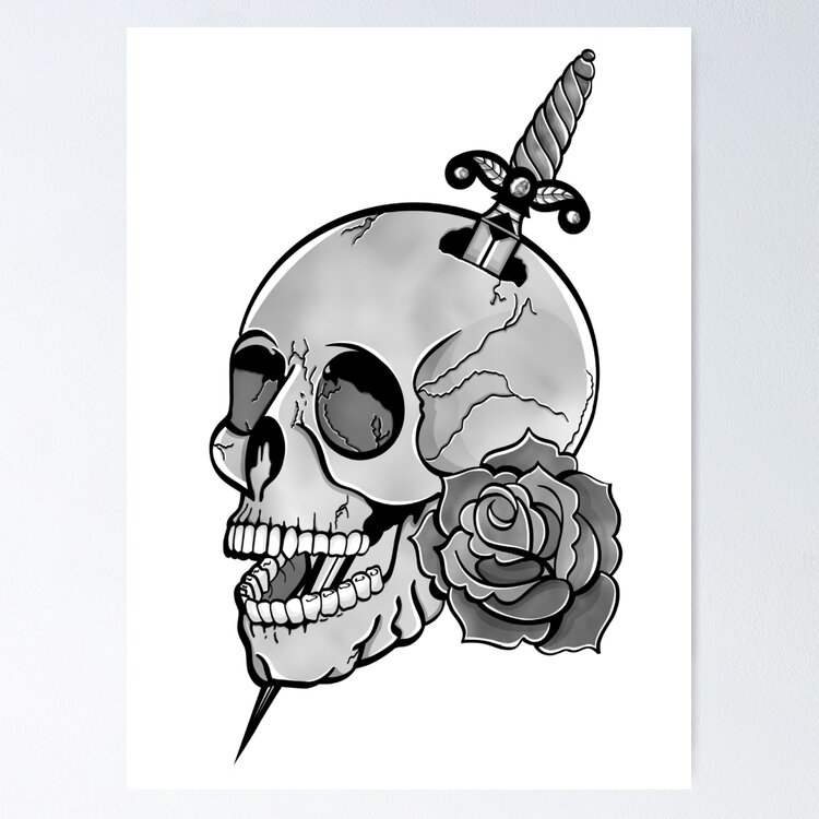A Human Skulls With Roses And Dagger Tattoo Sketch On White Background Illustration Stock Vector Image & Art