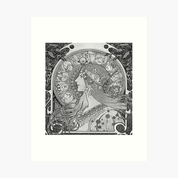 Aperçu de l'œuvre Alphonse mucha - Zodiaque, noir et blanc créée et vendue par Vivanne-art.