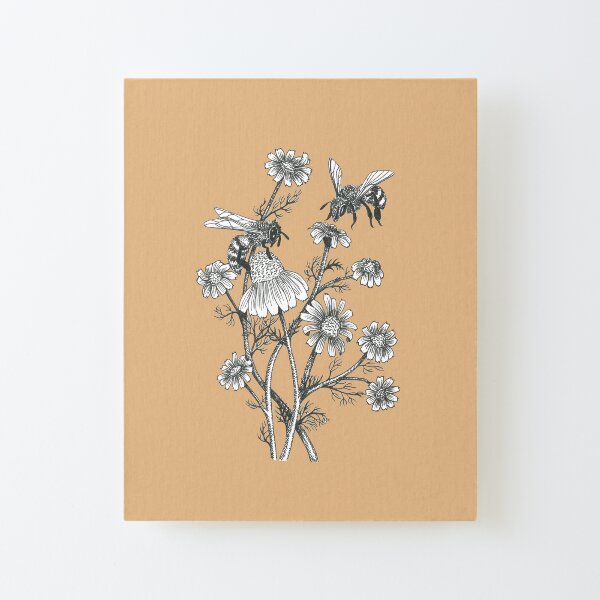 bees and chamomile on caramel background Canvas Mounted Print