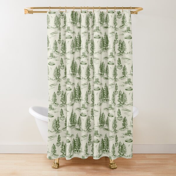 Green Alien Abduction Toile De Jouy Pattern Shower Curtain