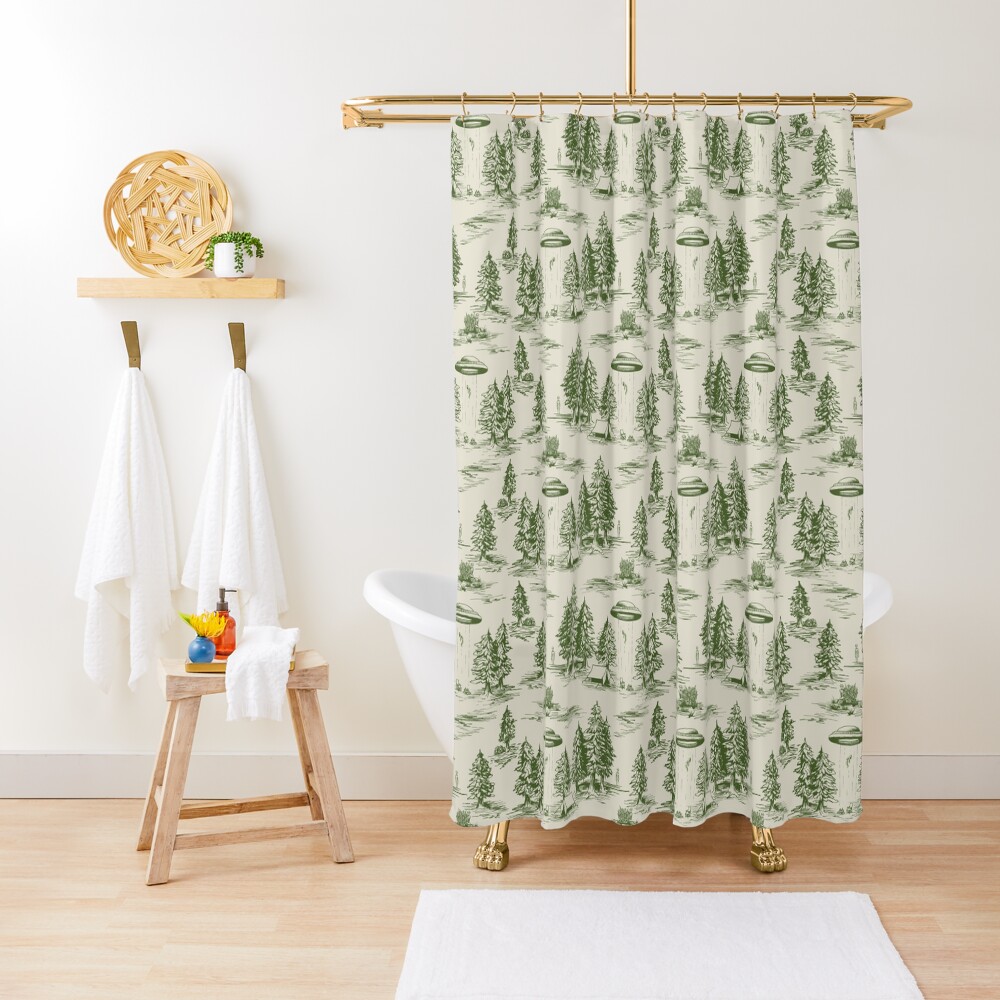 "Green Alien Abduction Toile De Jouy Pattern" Shower Curtain for Sale