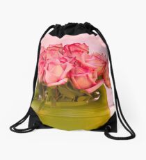 Pink Roses In Green Watering Can Drawstring Bag