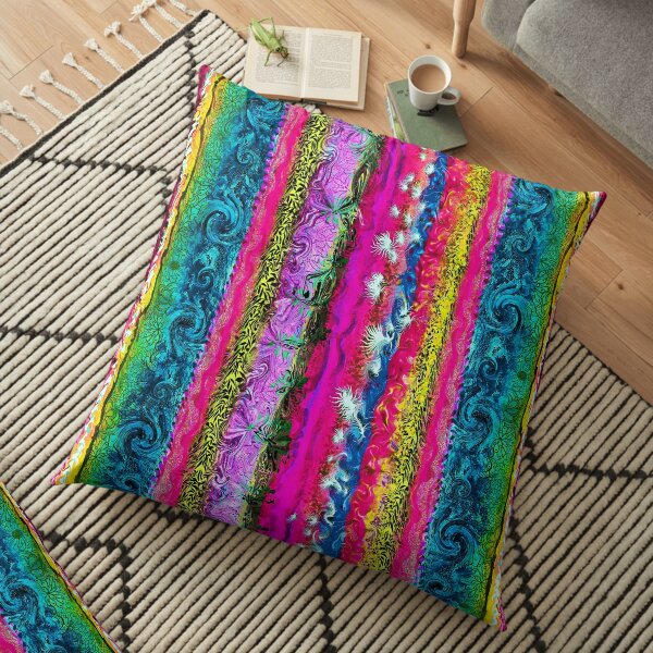 Boho Waves vertical Stripes Pink Yellow Blue Textures Floor Pillow