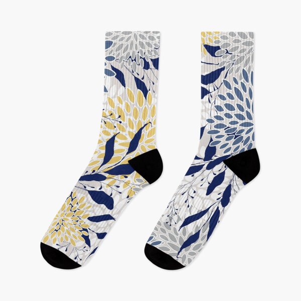 Item preview, Floral Leaves and Blooms, Yellow, Gray, Blue and Navy designed and sold by meggydesigns.