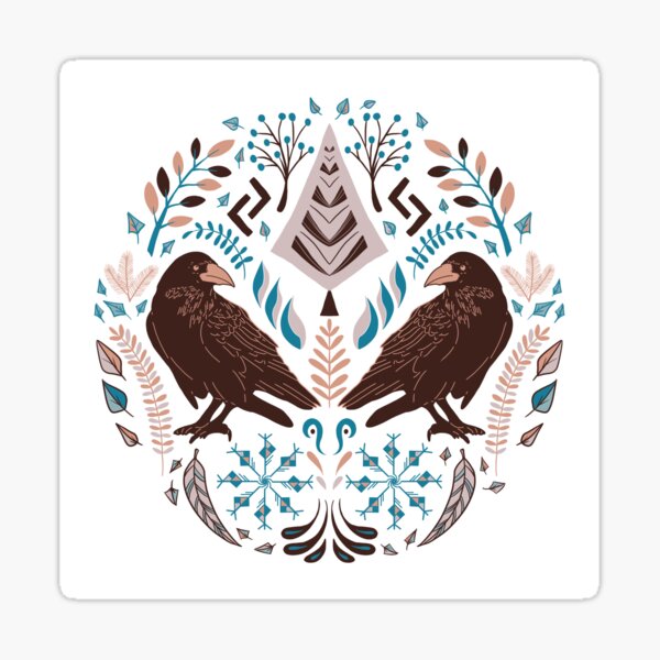 Huginn and Muninn / Viking folk art / Round / Brown Sticker