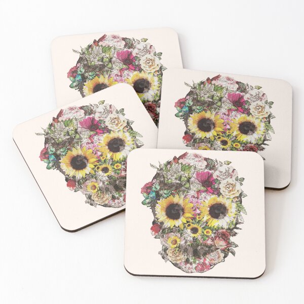 Item preview, Botanic Skull with sunflowers, roses and butterflies, watercolor,colorfull nature floral designed and sold by Collagedream.