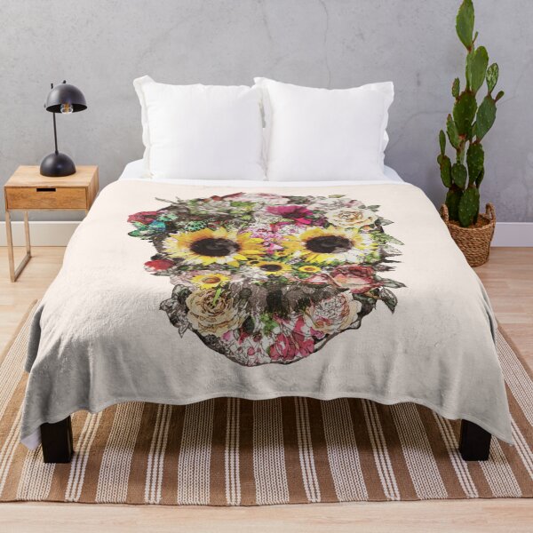 Item preview, Botanic Skull with sunflowers, roses and butterflies, watercolor,colorfull nature floral designed and sold by Collagedream.
